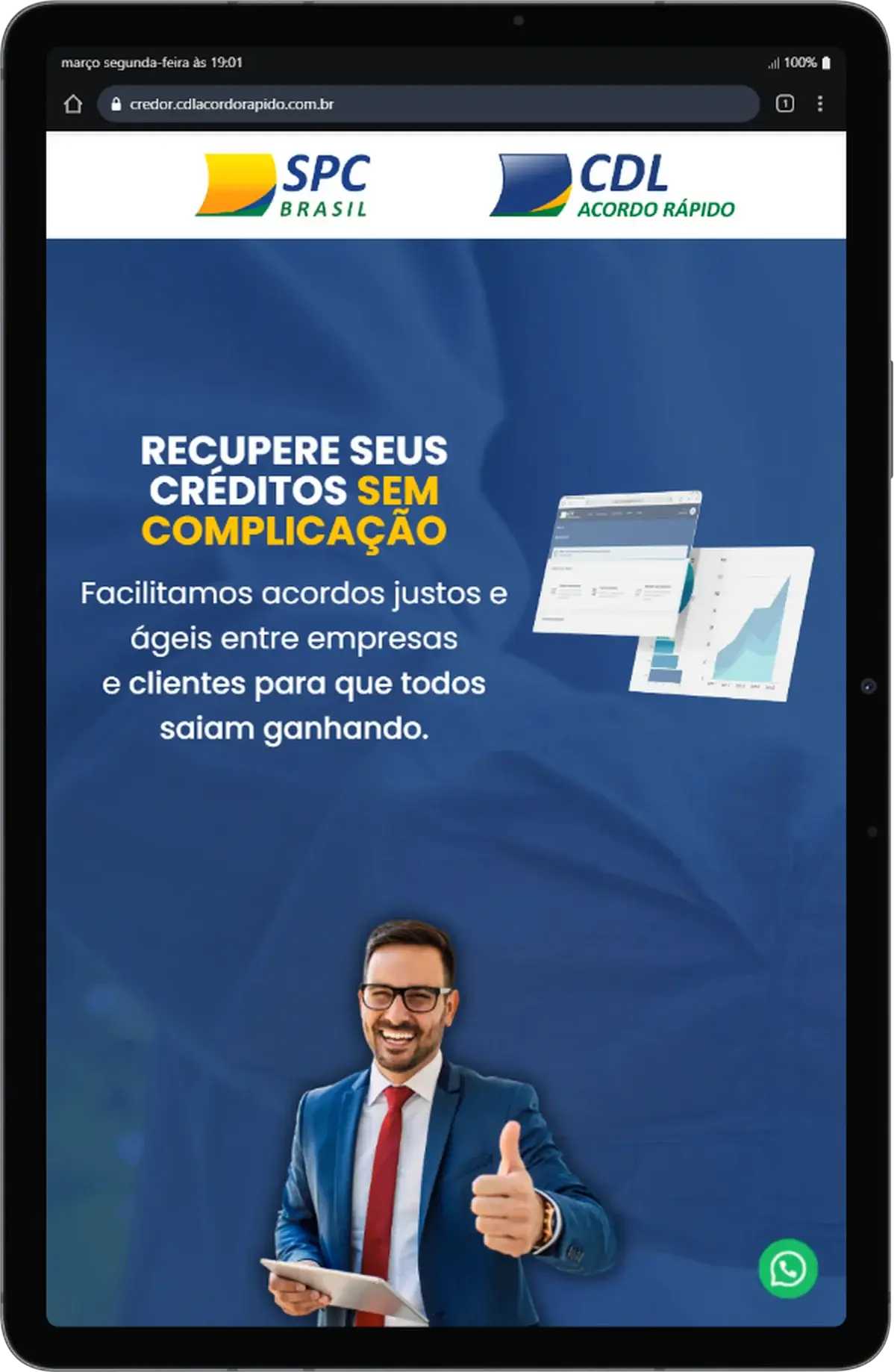 Site CDL Acordo Rápido exibido em tablet