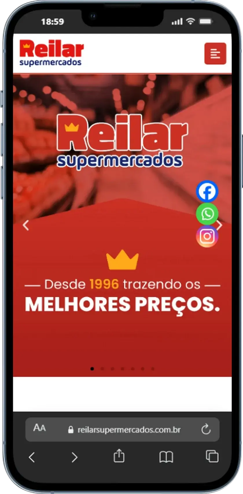 Site responsivo da Reilar Supermercados em celular