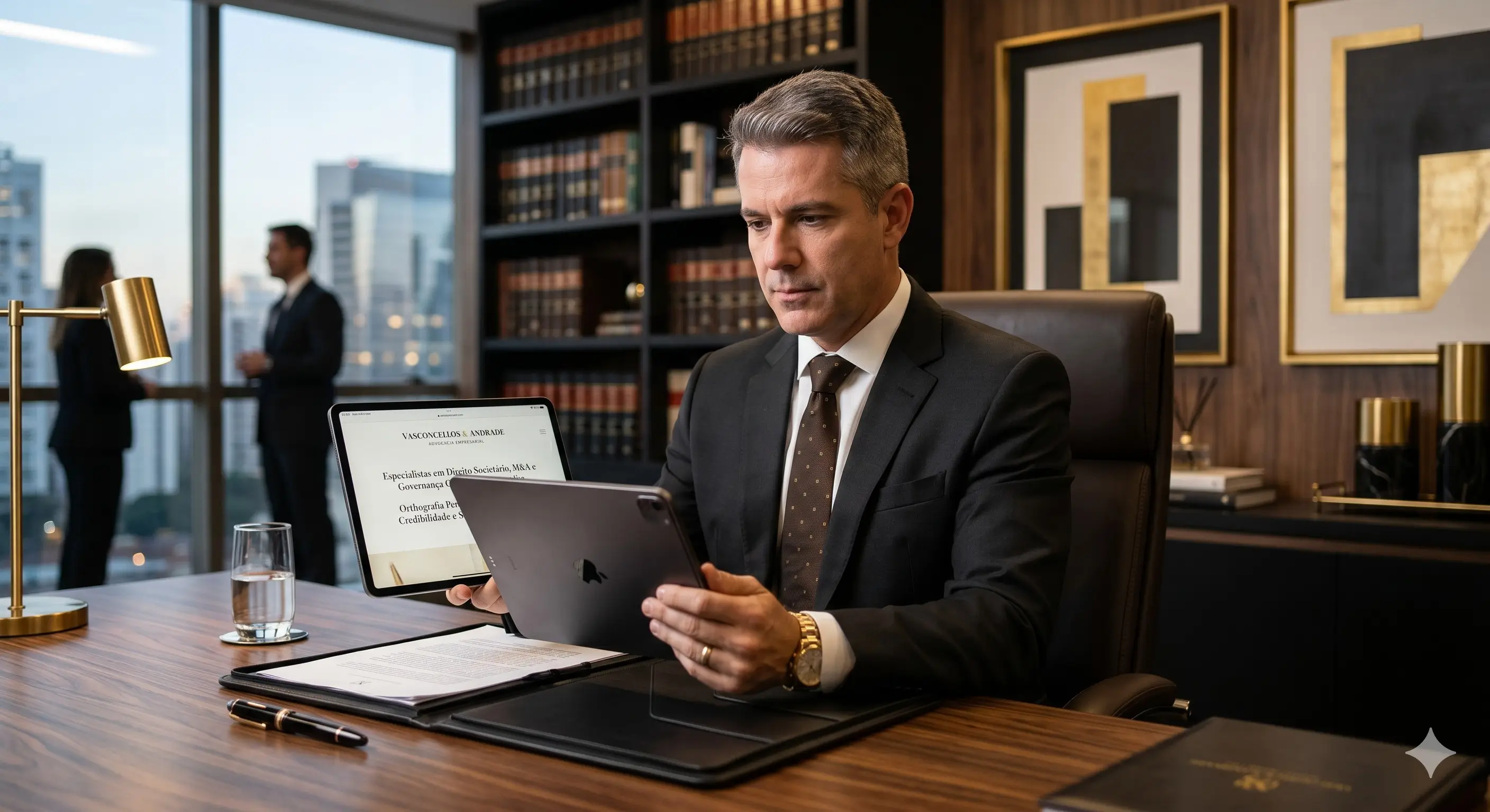 Advogado analisando documentos em escritório moderno em Brasília
