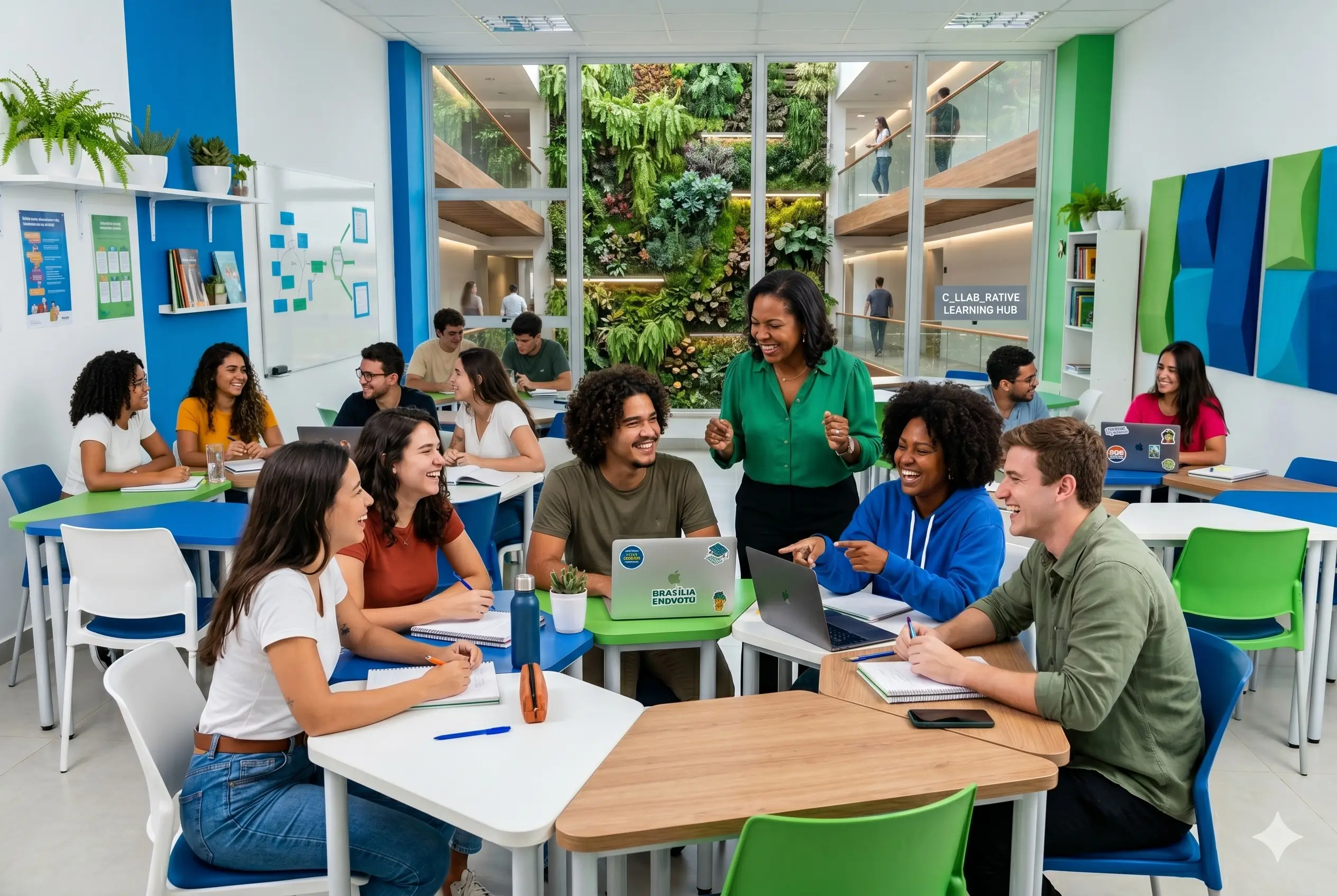 Demonstração de estudantes e professora em ambiente educacional