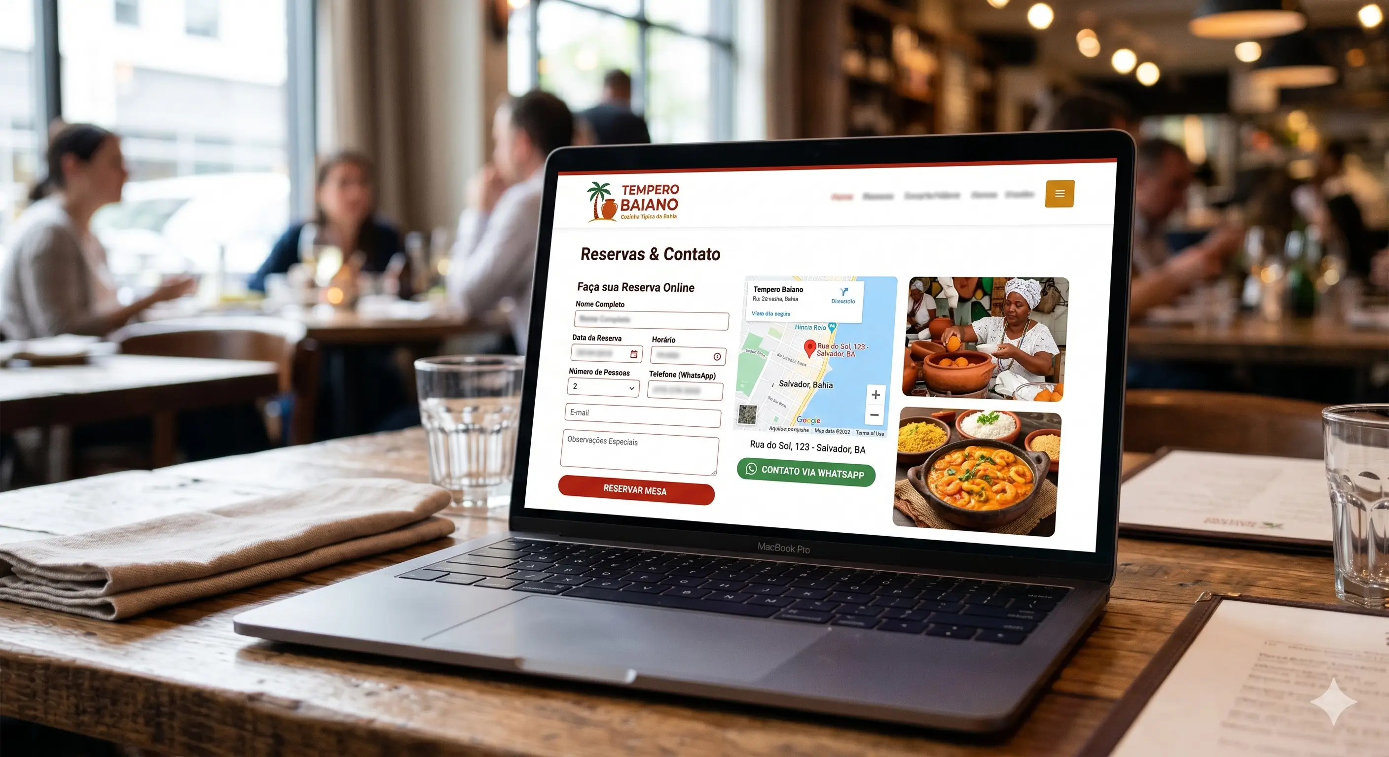 Demonstração de página de reserva, mapa e contato para restaurante