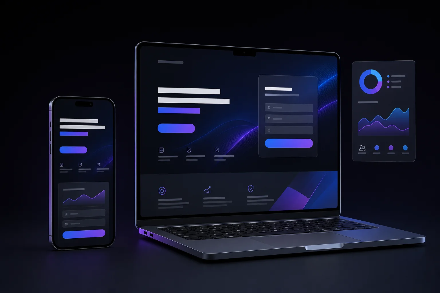 Notebook e celular exibindo uma landing page e um painel de métricas, criação de landing page em Brasília