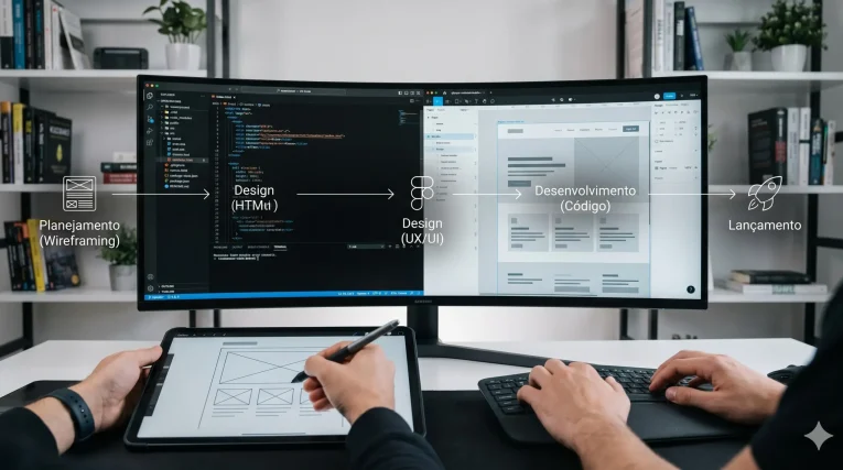 Tela de computador mostrando passos sequencias até a criação de um site