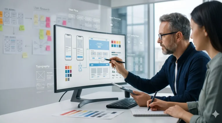 Designer criando o UX/UI para um site de performance